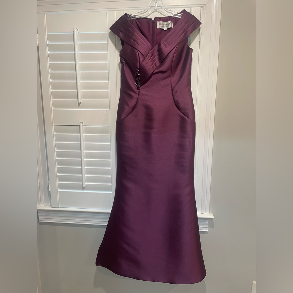 Montage Mon Cheri Strapless Plum Dress, hourglass silhouette, MOG, MOB, wedding
